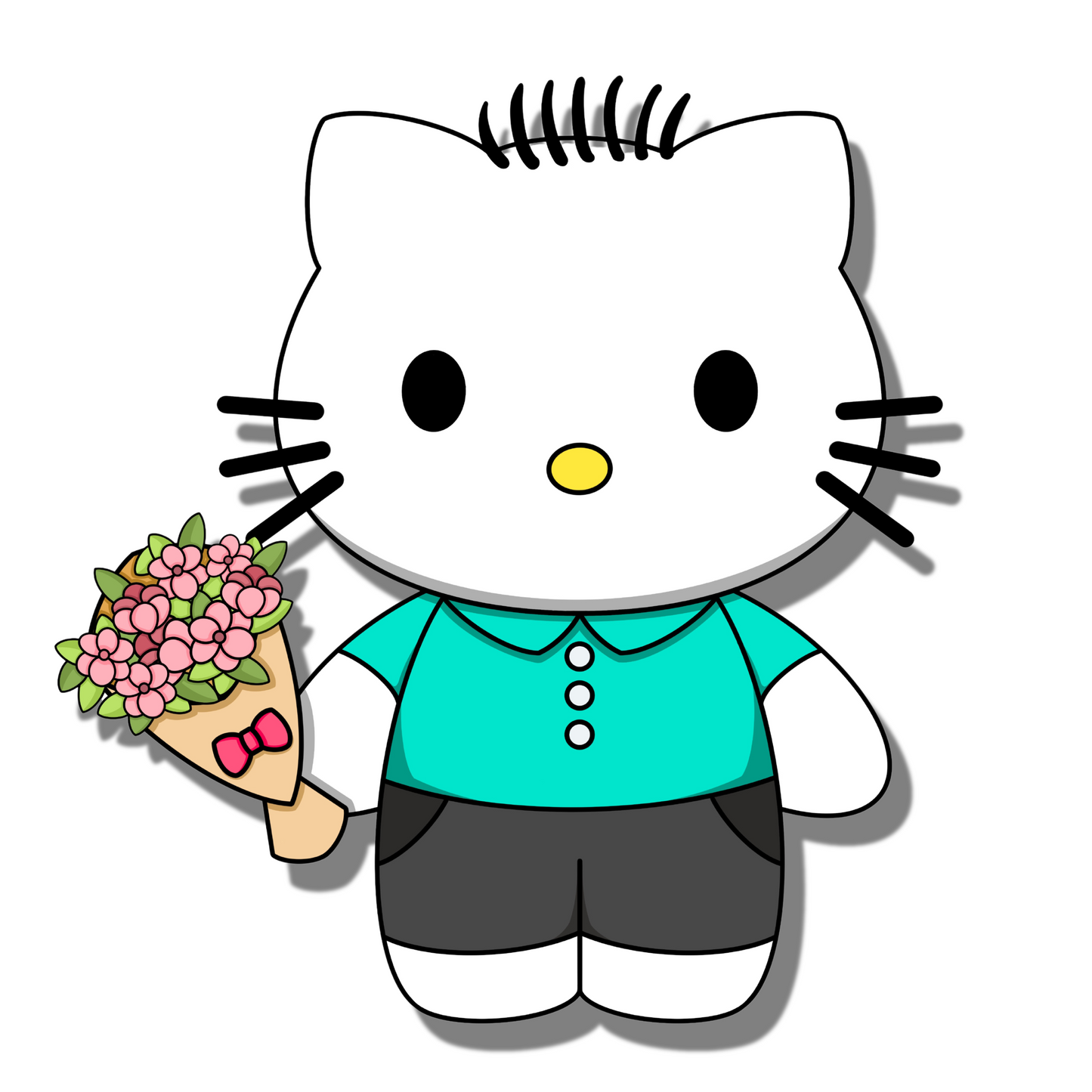 Cute Daniel Starr (Hello Kitty) with blue button shirt, black pants holding pink bouquet of flowers. Smell Ya Later - Scented Air Freshener. Suitable for homes, wardrobes, cupboards, bathrooms, cars, office space, pet rooms, bed rooms, kitchen.