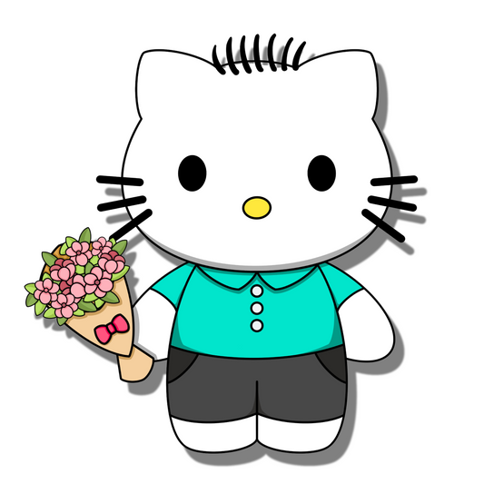 Cute Daniel Starr (Hello Kitty) with blue button shirt, black pants holding pink bouquet of flowers. Smell Ya Later - Scented Air Freshener. Suitable for homes, wardrobes, cupboards, bathrooms, cars, office space, pet rooms, bed rooms, kitchen.