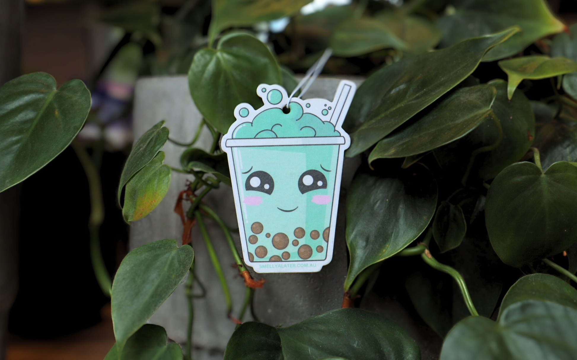 Cute shy blushing green boba/bubble tea with brown pearls, big sparkling eyes and green bubbles, hanging on beautiful green plants. Smell Ya Later - Scented Air Freshener. Suitable for homes, wardrobes, cupboards, bathrooms, cars, office space, pet rooms, bed rooms, kitchen.    