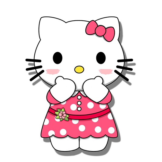Cute blushing Hello Kitty wearing a pink dress with white spots, a pink bow and a flower. Smell Ya Later - Scented Air Freshener. Suitable for homes, wardrobes, cupboards, bathrooms, cars, office space, pet rooms, bed rooms, kitchen.