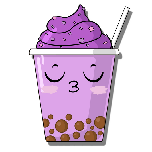 Cute, blushing kissy face purple boba/bubble tea with brown pearls, purple soft serve with sprinkles. Smell Ya Later - Scented Air Freshener. Suitable for homes, wardrobes, cupboards, bathrooms, cars, office space, pet rooms, bed rooms, kitchen.