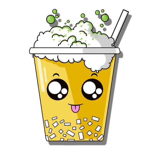 Cute, happy yellow boba/bubble tea poking its tongue with white bubbly froth, green sprinkles, white jelly and big sparkling eyes. Smell Ya Later - Scented Air Freshener. Suitable for homes, wardrobes, cupboards, bathrooms, cars, office space, pet rooms, bed rooms, kitchen.